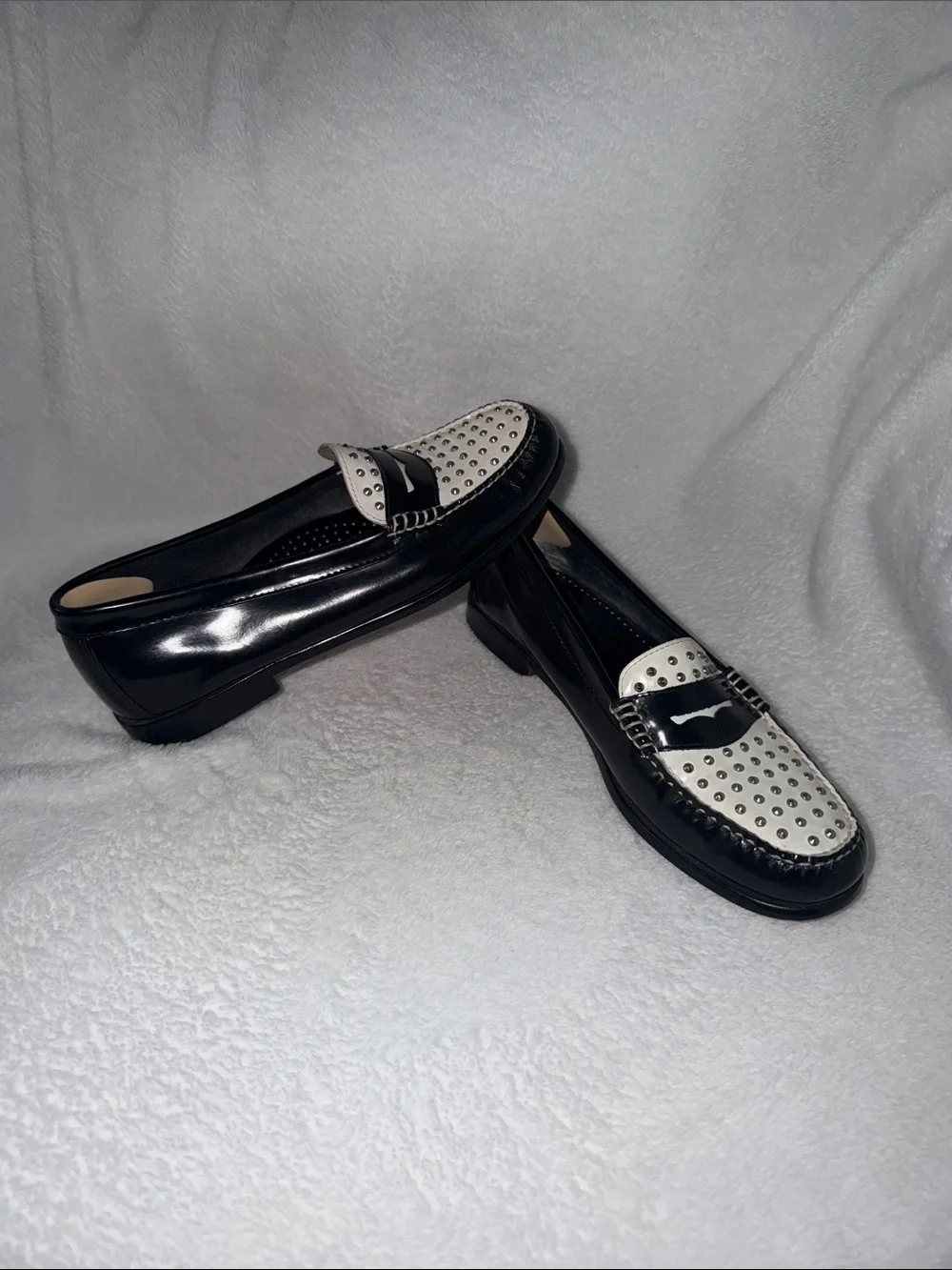 Black and White Studded Penny Loafers — Women's Two-Tone Flats